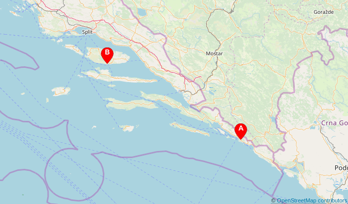 Map of ferry route between Dubrovnik and Bol (Brac)